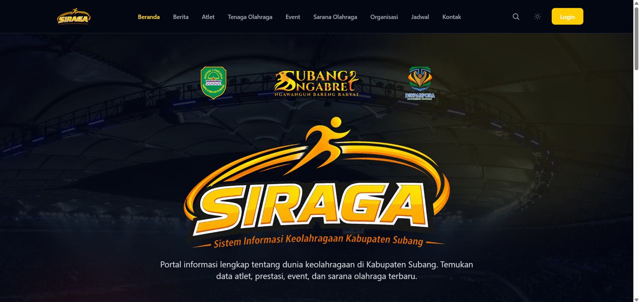 Tampilan Sistem Informasi Keolahragaan Kabupaten Subang (SIRAGA)